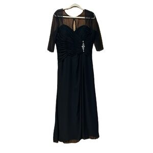 Formal Black Illusion 3/4 Sleeve Side Ruched Gown With Rhinestone Embellishment